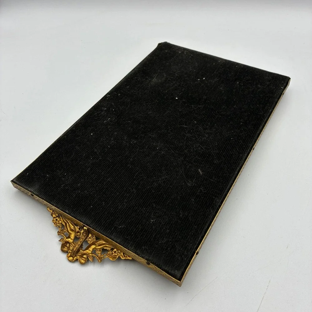 Vintage Ornate Gold Mirrored Vanity Tray Cherub Handles Rectangular 13.5in